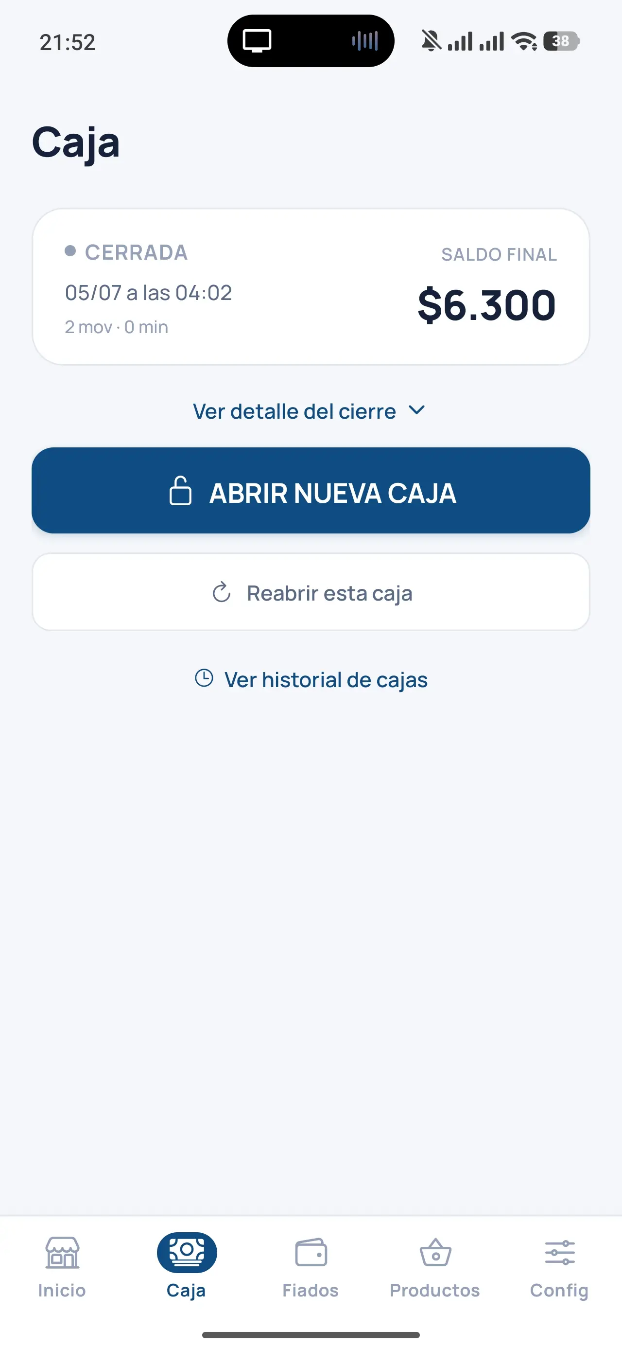 Pantalla de caja diaria de Mi Almacén