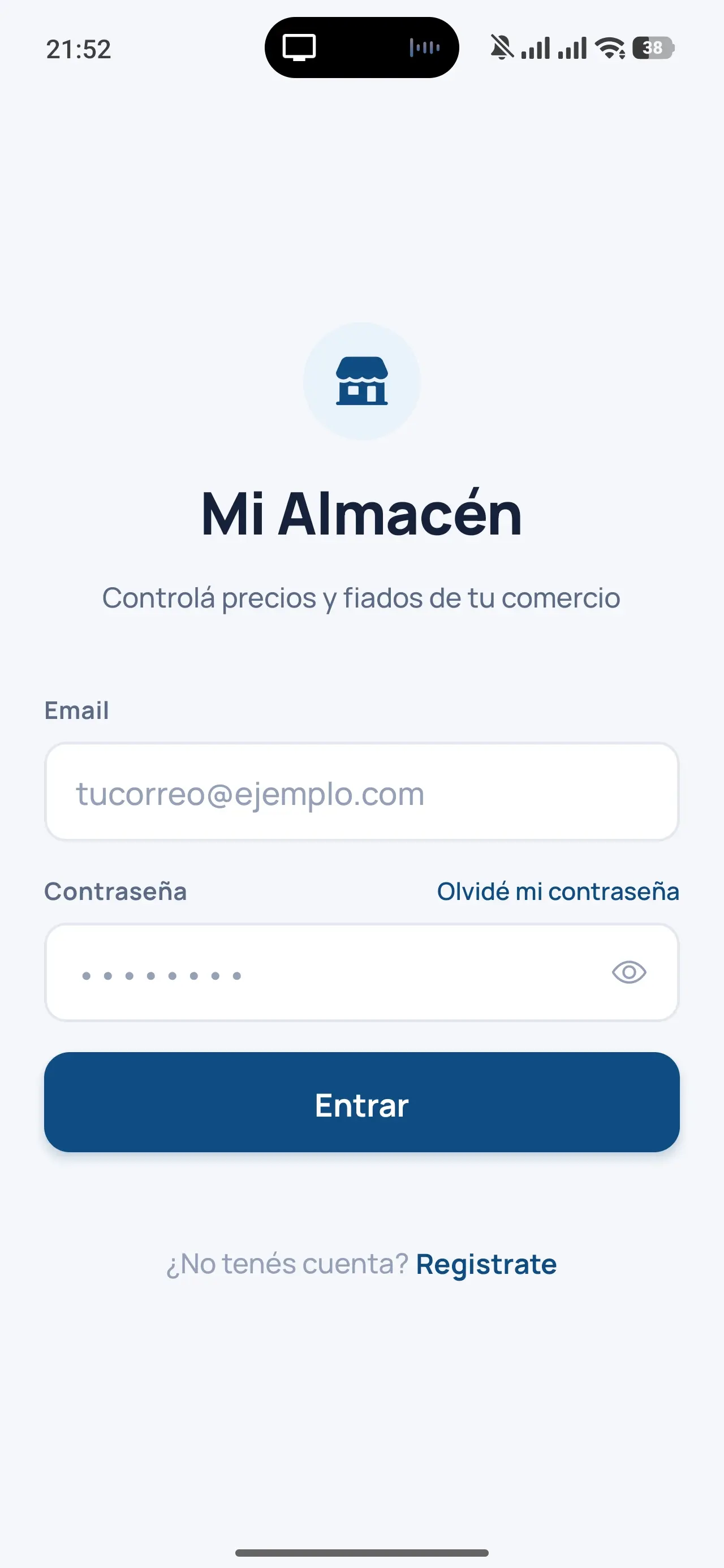 Pantalla de inicio de sesión de Mi Almacén