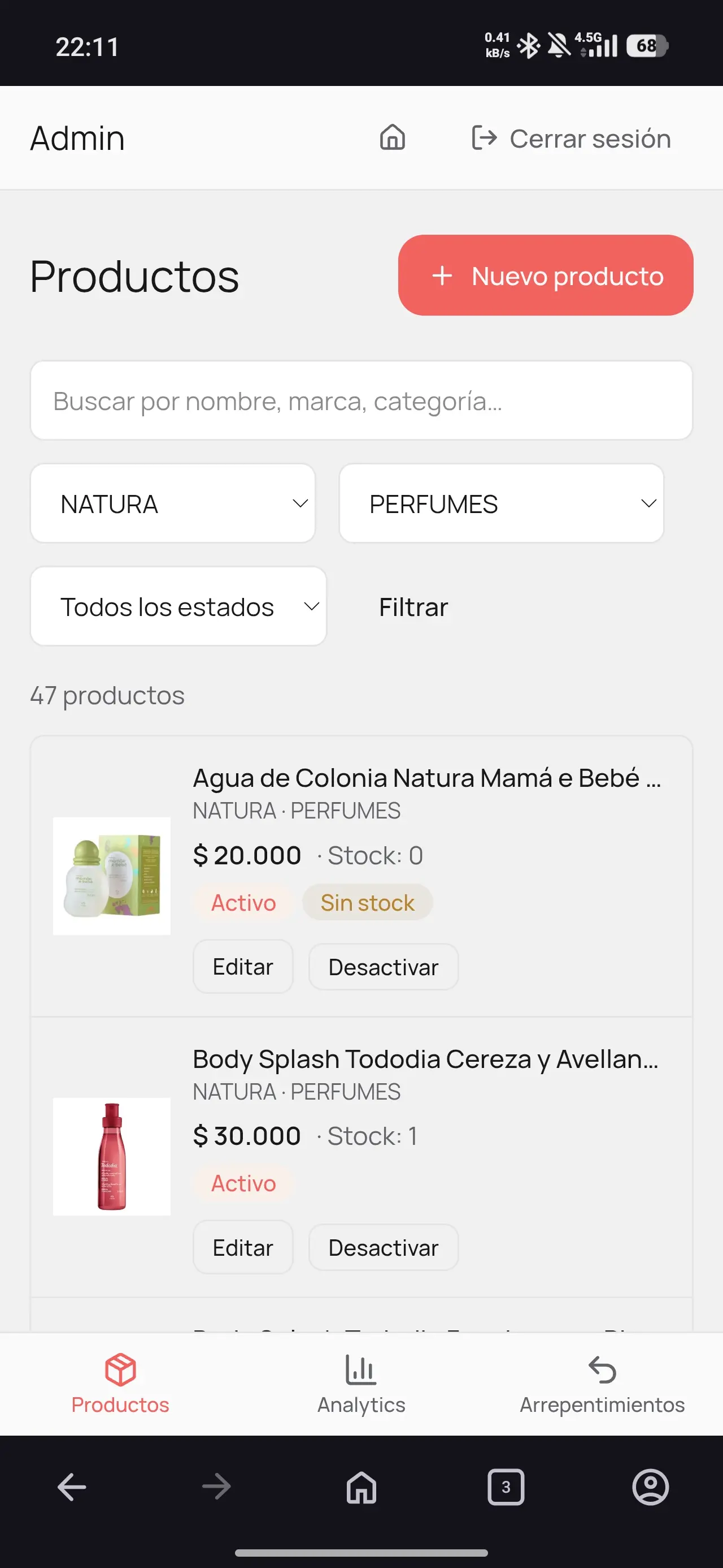 Panel de administración de DecideSer con listado y búsqueda de productos