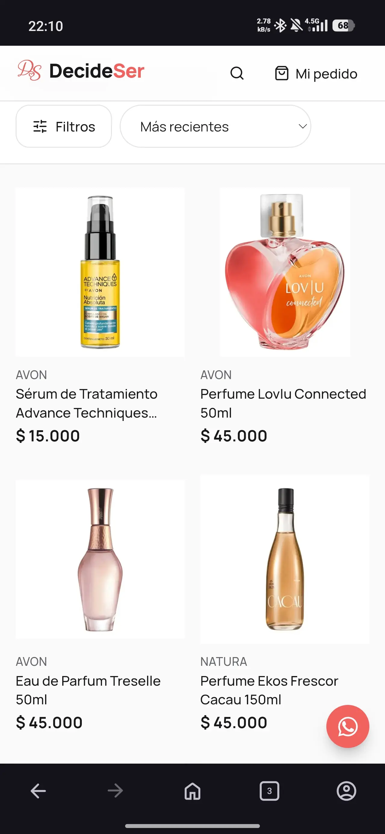 Catálogo de DecideSer en dos columnas con precio y marca de cada producto