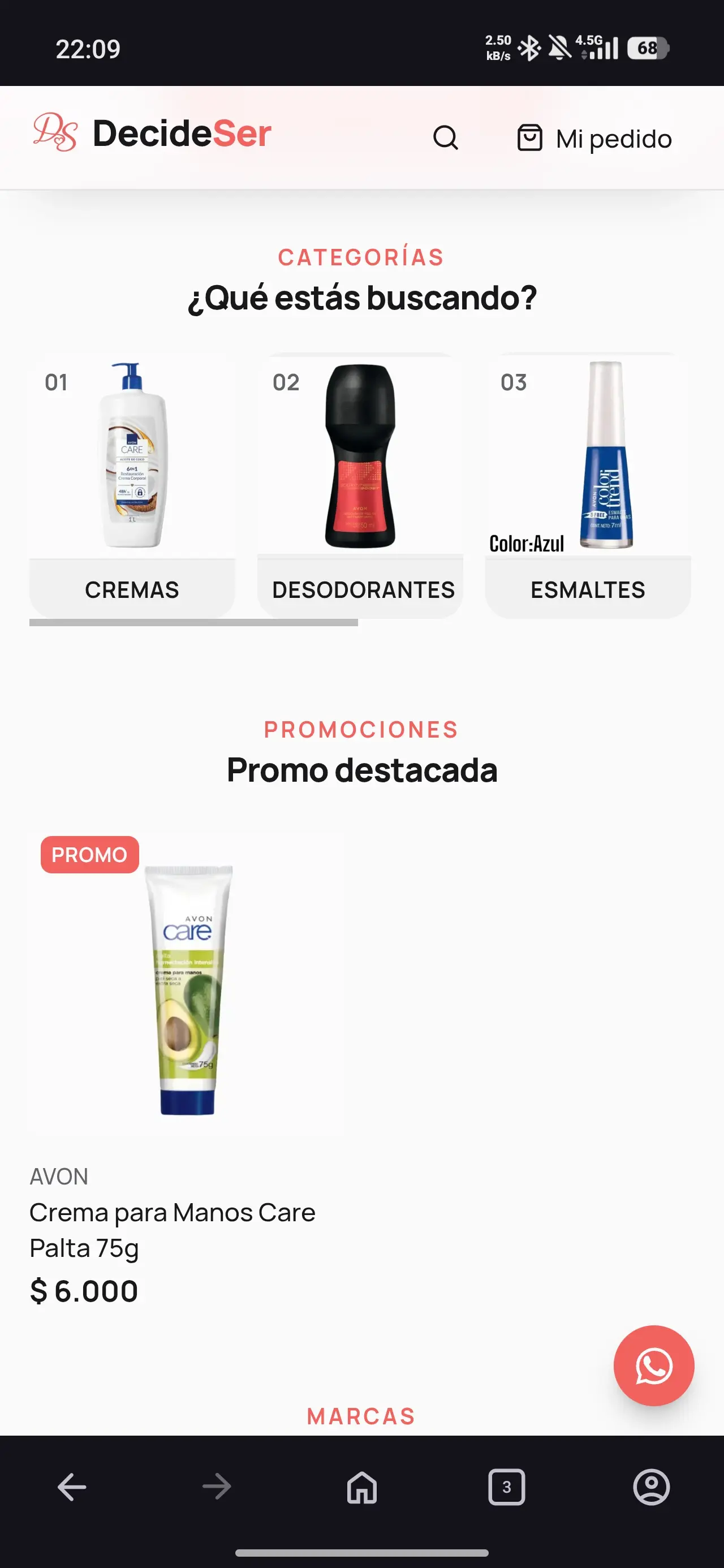 Sección de categorías en la home de DecideSer: cremas, desodorantes y esmaltes