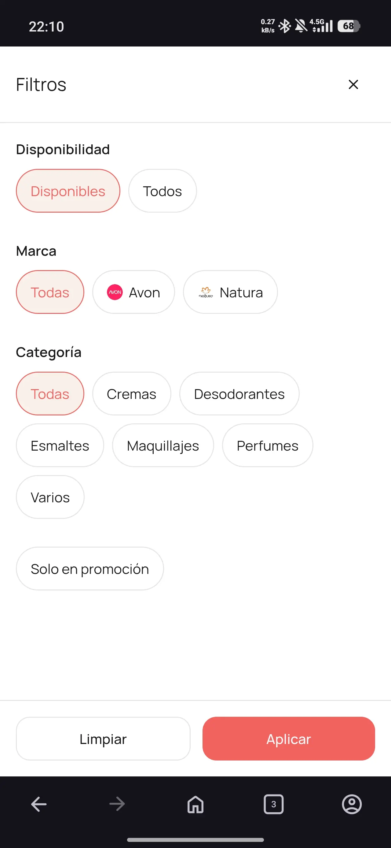 Panel de filtros mobile de DecideSer: disponibilidad, marca, categoría y promociones