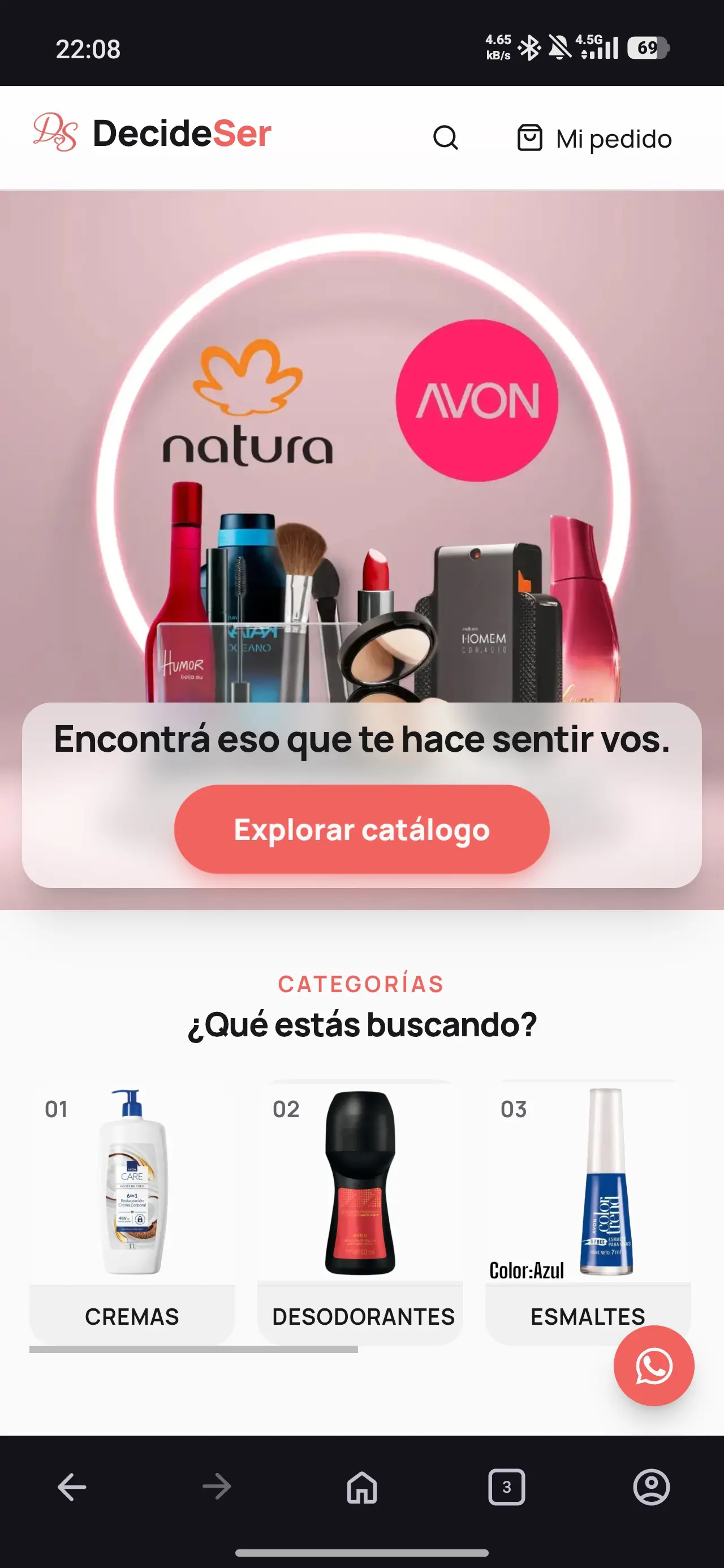 Home de DecideSer con hero de marcas Avon y Natura y accesos a categorías
