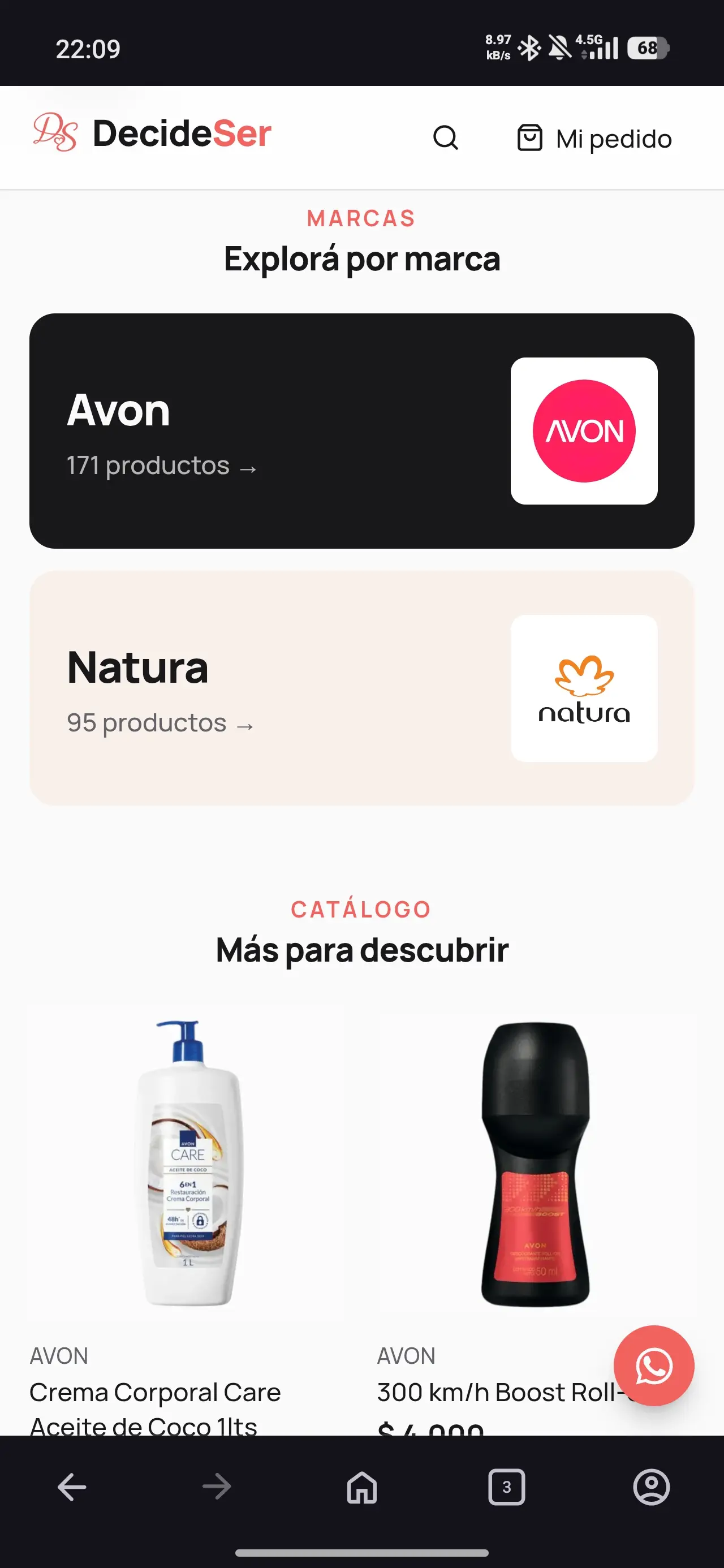 Sección 'Explorá por marca' con Avon y Natura en la home de DecideSer