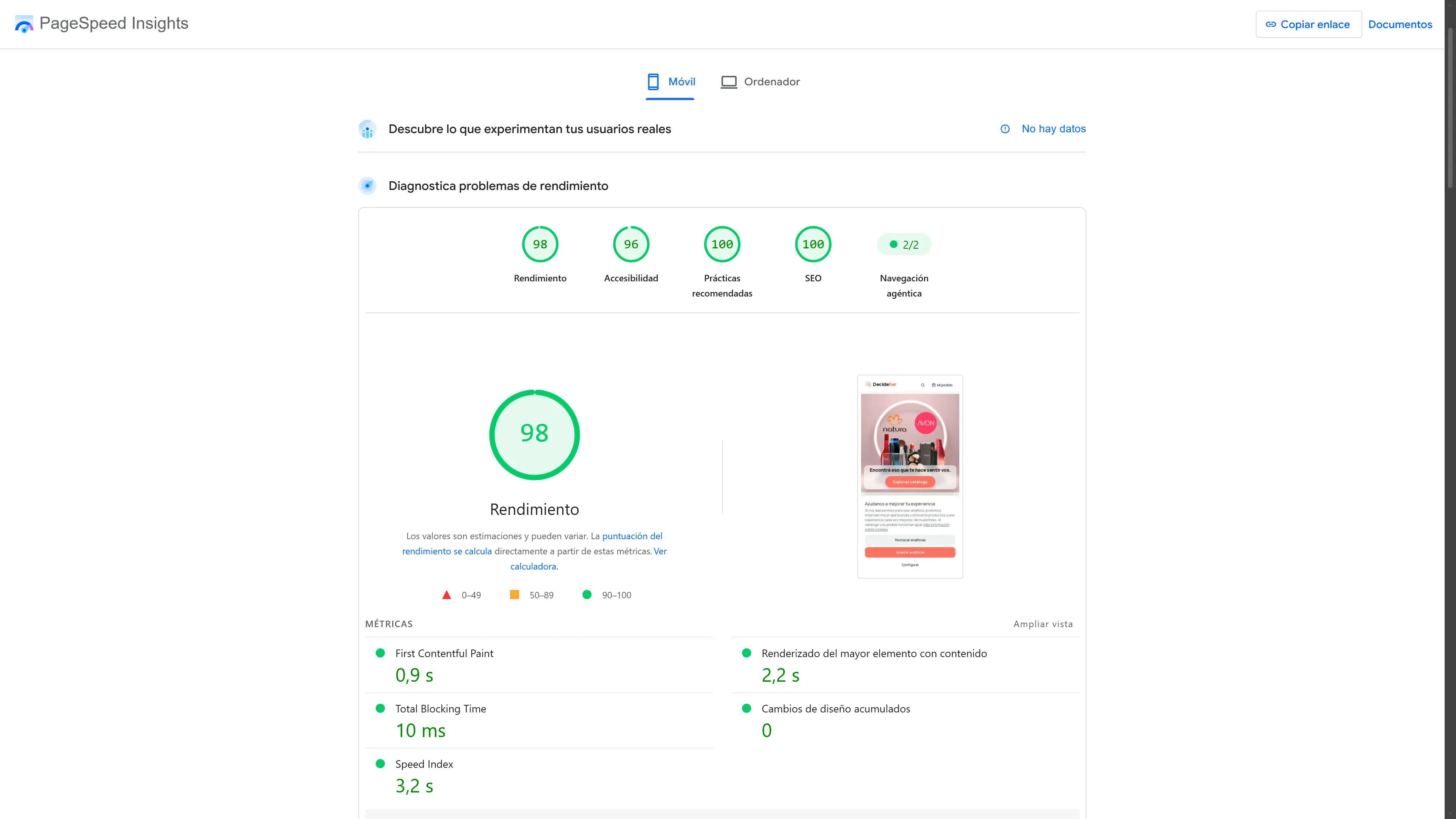 Reporte de PageSpeed Insights de DecideSer: 98 Performance, 96 Accesibilidad, 100 Prácticas recomendadas, 100 SEO