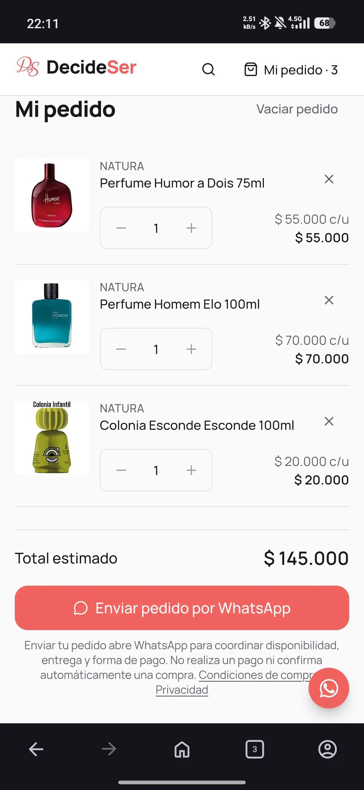 Mi Pedido en DecideSer con productos, cantidades, total estimado y envío por WhatsApp