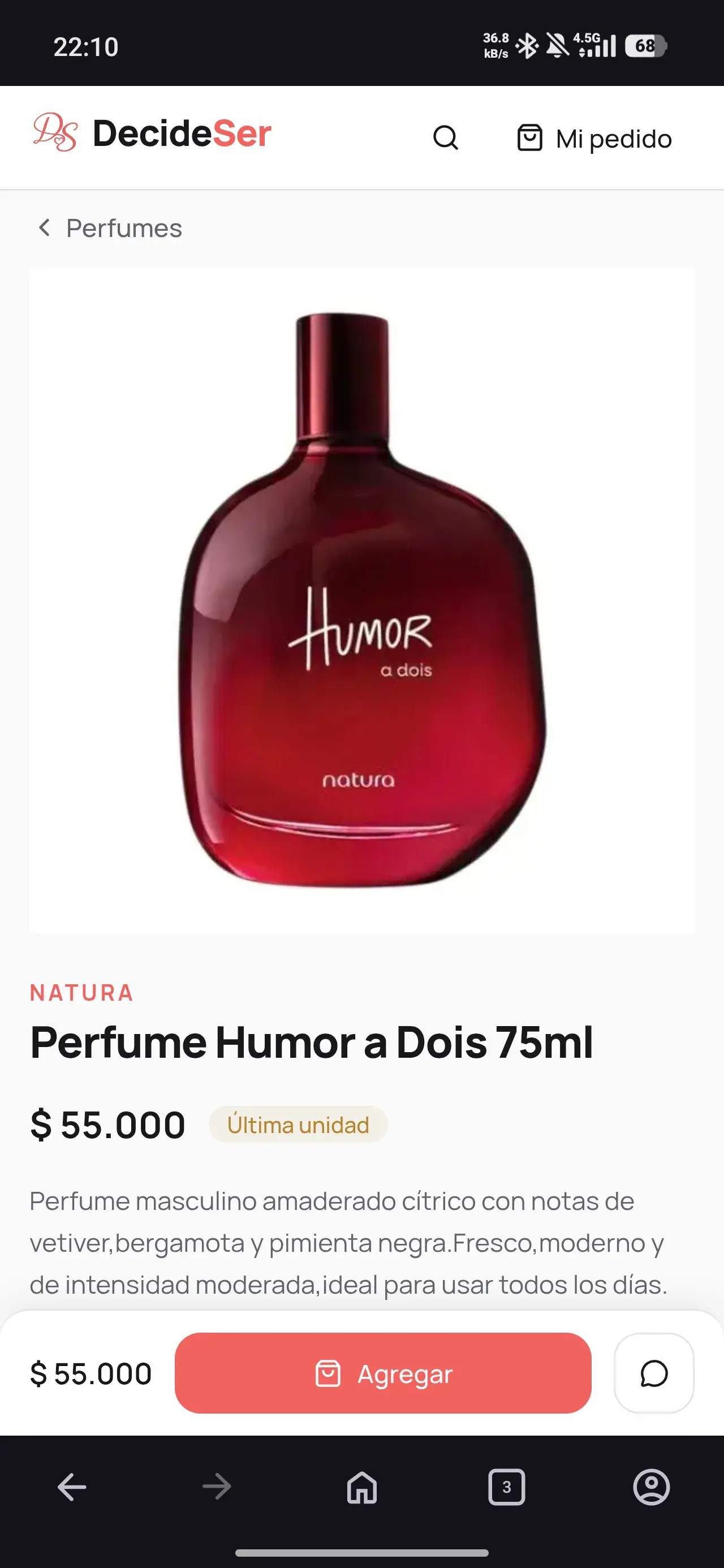 Ficha de producto de DecideSer con imagen, marca, precio y botón de agregar