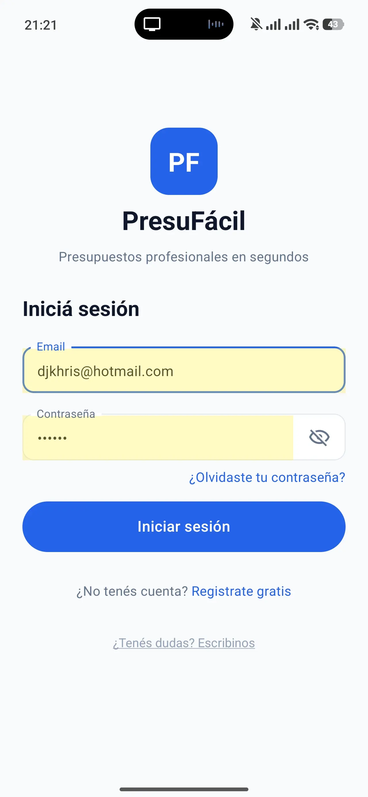 Pantalla de inicio de sesión de PresuFácil